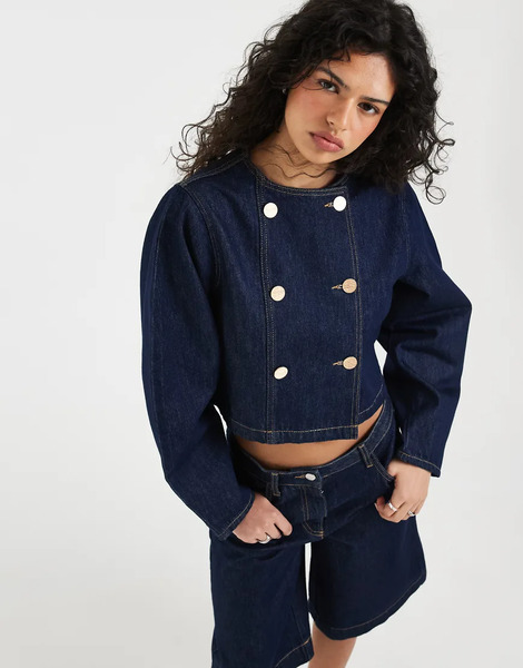  Asos Design Denim Double Breasted Cocoon Sleeve Jacket In Indigo Blue 