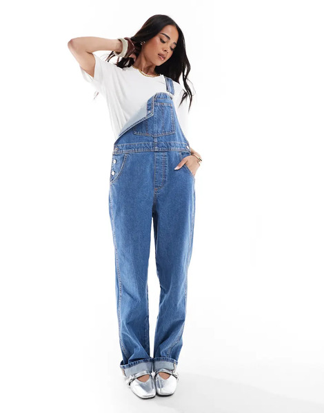  Asos Design Denim Dungaree In Mid Blue 