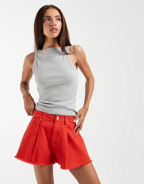  Asos Design Denim Frayed Hem Short In Red 