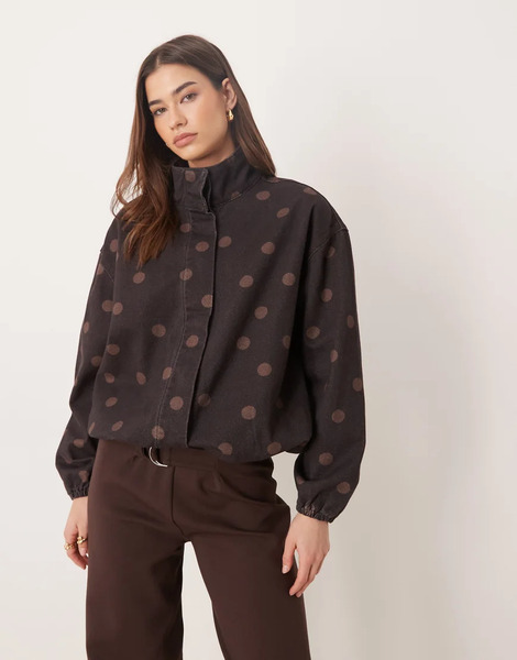  Asos Design Denim Funnel Neck Jacket In Chocolate Polka Dot Brown 