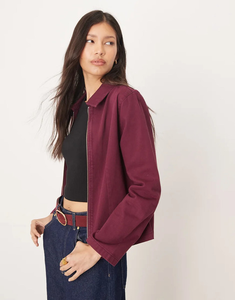  Asos Design Denim Harrington Jacket Co Ord In Plum Red 