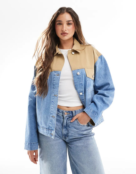  Asos Design Denim Hybrid Western Jacket In Midwash Blue 