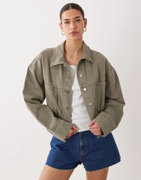  Asos Design Denim Jacket With Tie Back Detail In Khaki Green 