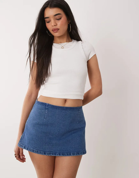  Asos Design Denim Mini Skirt Skort In Mid Blue 