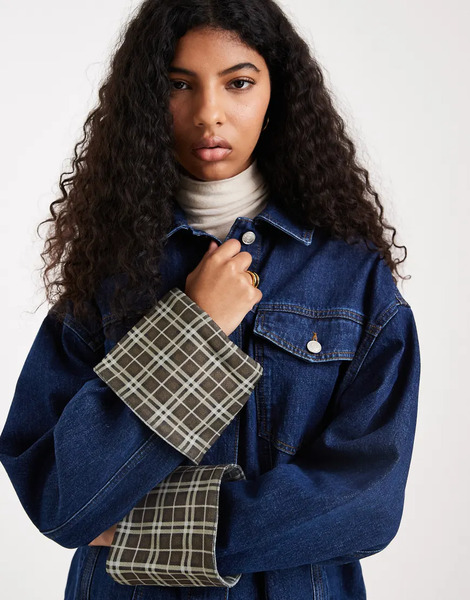  Asos Design Denim Oversized Jacket With Check Print Cuff Detail In Indigo Blue 