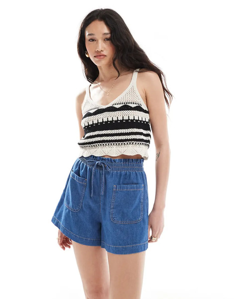  Asos Design Denim Pull On Shorts In Mid Blue 