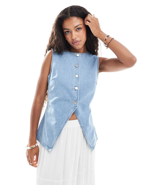  Asos Design Denim Split Front Waistcoat In Mid Blue 