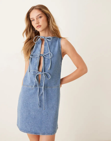  Asos Design Denim Tie Front Shift Dress In Mid Blue 