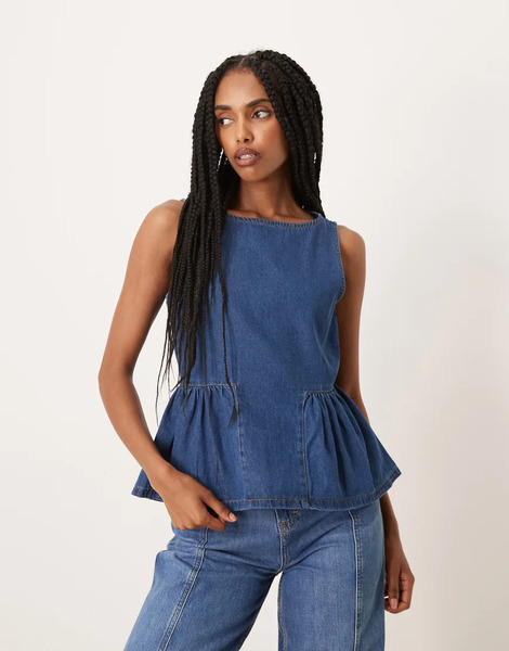  Asos Design Denim Top With Drop Waist Side Panels In Mid Blue 