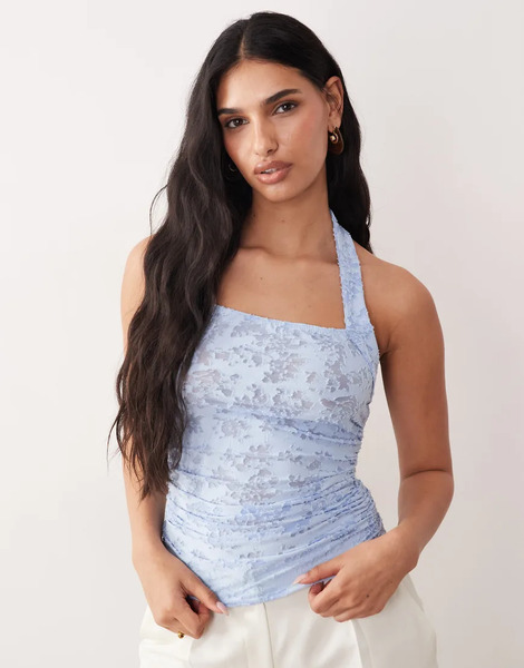  Asos Design Devore Ruched Halter Top In Blue 