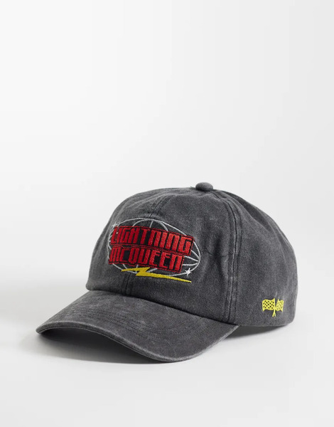  Asos Design Disney Pixar Lightning Mcqueen Cap In Washed Black 