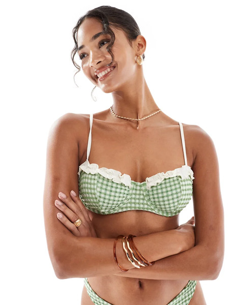  Asos Design Dorothy Underwired Balcony Bikini Top In Gingham Green 