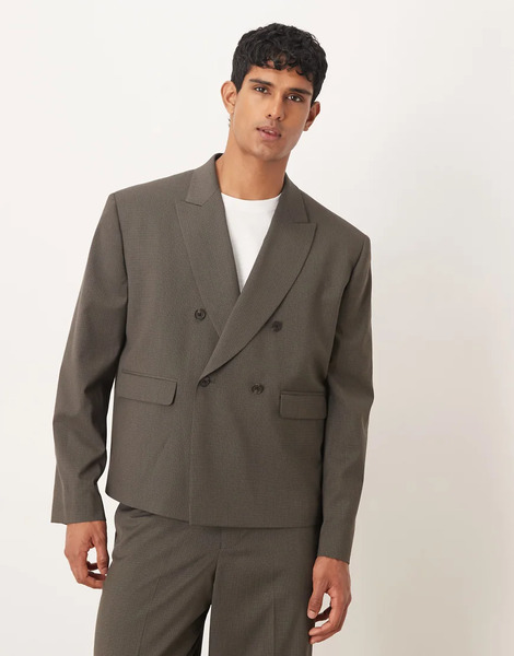  Asos Design Double Breasted Boxy Suit Jacket In Light Brown 