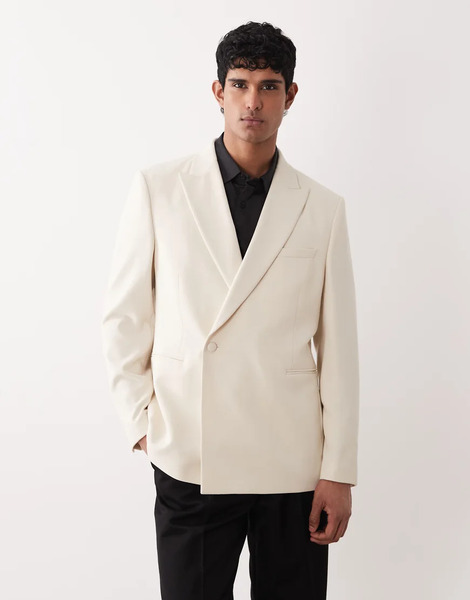  Asos Design Double Breasted Deep Wrap Regular Blazer In Cream White 