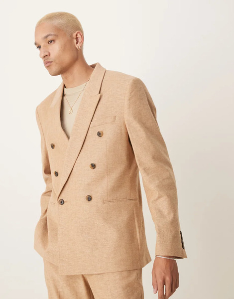  Asos Design Double Breasted Linen Blend Regular Suit Jacket In Camel Neutral 