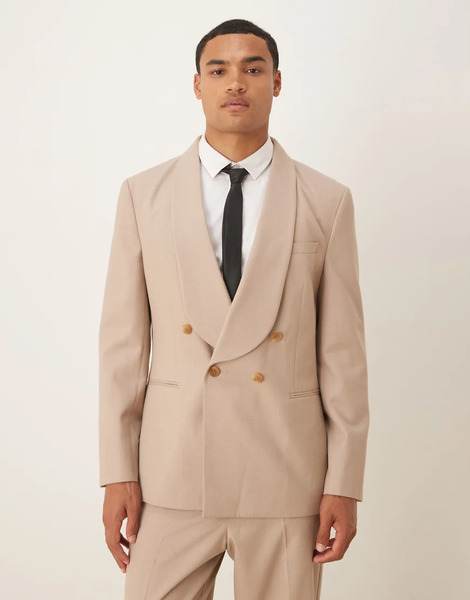  Asos Design Double Breasted Regular Suit Jacket In Beige Flannel Neutral 