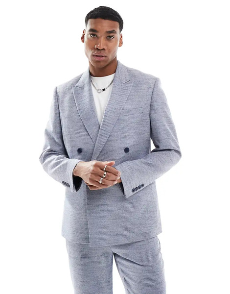  Asos Design Double Breasted Regular Suit Jacket In Blue Texture 