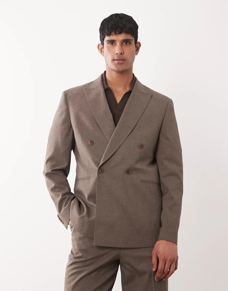  Asos Design Double Breasted Regular Suit Jacket In Brown With Wool 