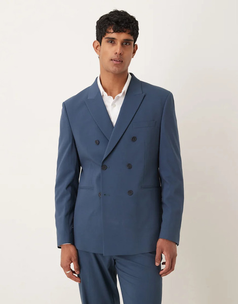  Asos Design Double Breasted Regular Suit Jacket In Navy 