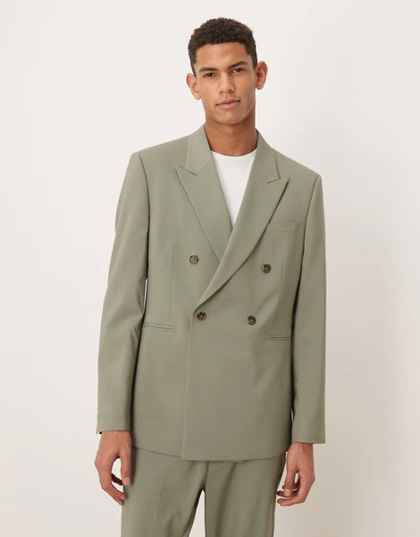  Asos Design Double Breasted Regular Suit Jacket In Sage Green 