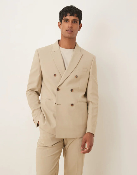  Asos Design Double Breasted Regular Suit Jacket In Stone Neutral 