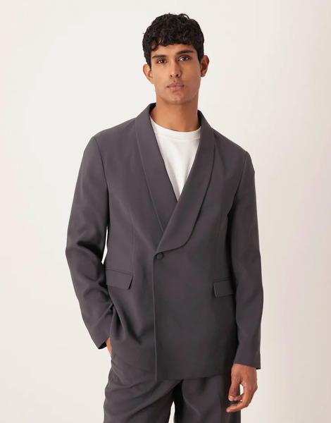 Asos Design Double Breasted Regular Wrap Tuxedo Jacket In Charcoal Grey 