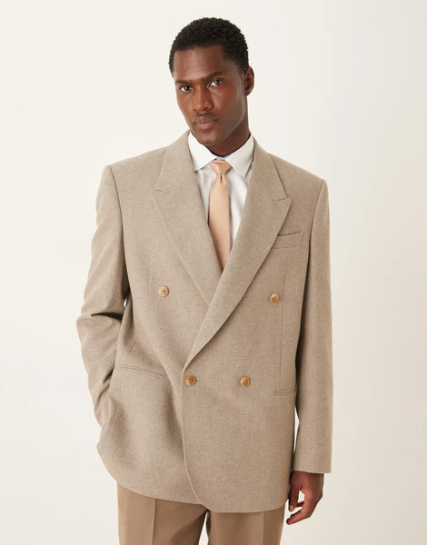  Asos Design Double Breasted Relaxed Boxy Blazer With Wool In Beige Micro Check Neutral 