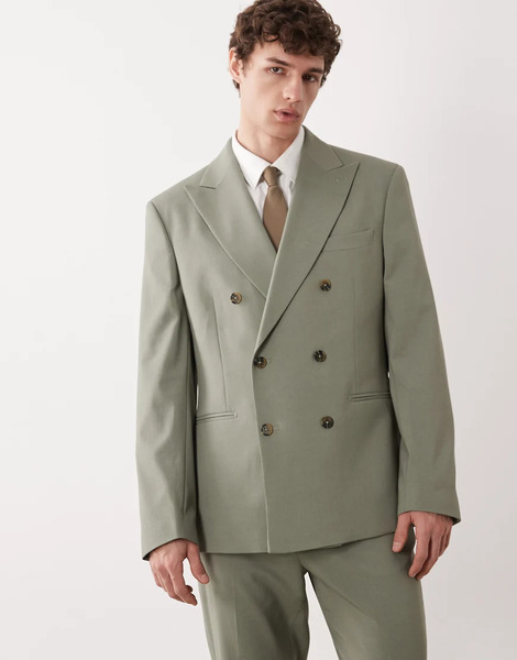  Asos Design Double Breasted Slim Suit Jacket In Mid Green 