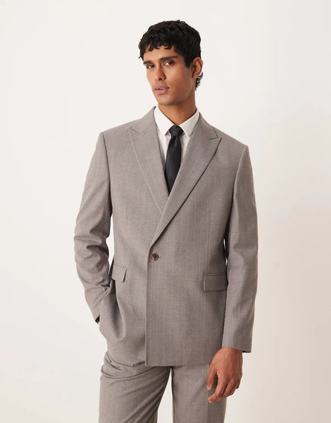  Asos Design Double Breasted Wrap Regular Suit Jacket In Light Grey Pinstripe 