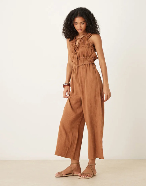  Asos Design Double Cloth Gathered Bust Jumpsuit In Camel Neutral 