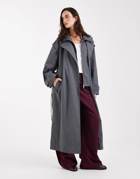  Asos Design Double Layer Hooded Trench Coat In Grey 