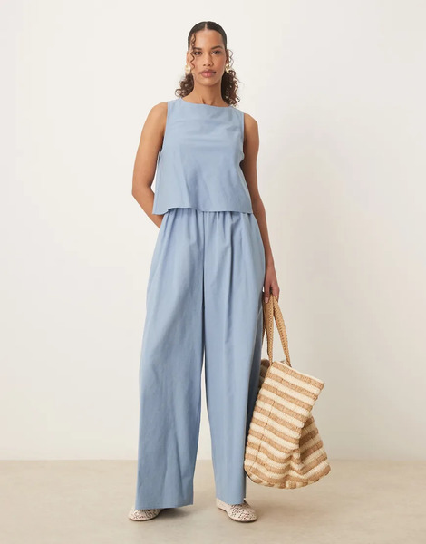 Asos Design Double Layer Jumpsuit With Open Back In Denim Blue 