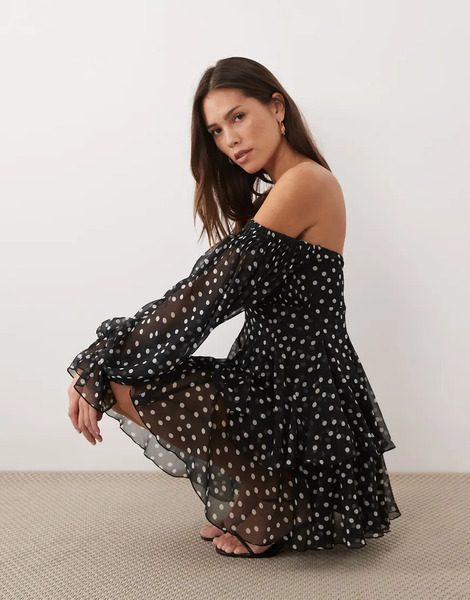  Asos Design Double Layer Off Shoulder Godet Mini Dress In Polka Dot Print Multi 
