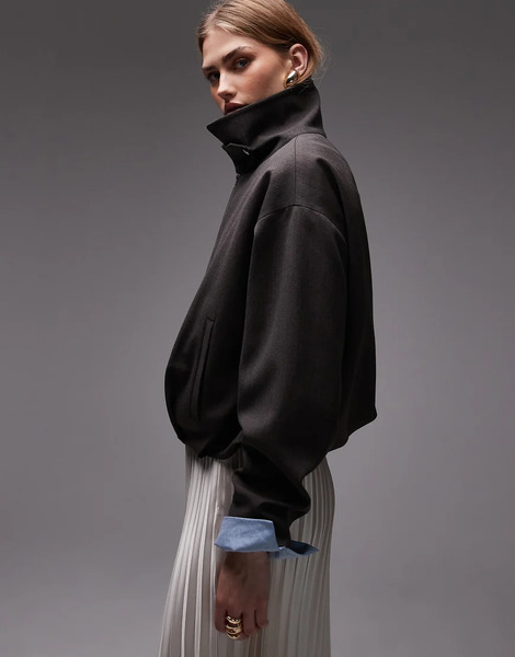  Asos Design Drape Back Funnel Jacket In Grey Brown 