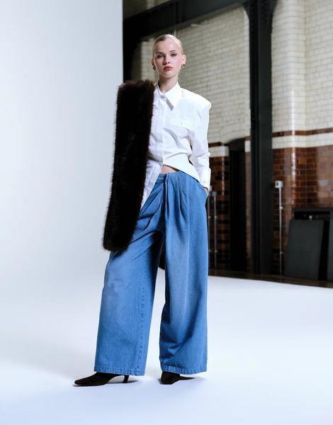  Asos Design Drape Front Wide Leg Jean In Mid Blue 