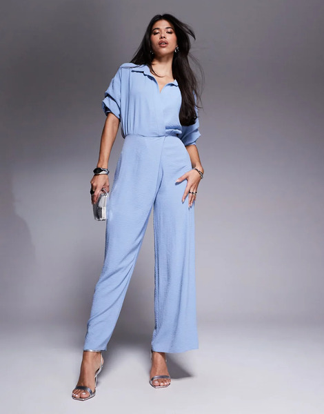  Asos Design Draped Collared Wide Leg Jumpsuit In Blue 
