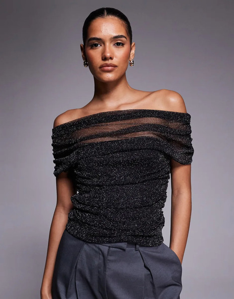  Asos Design Draped Shoulder Mesh Glitter Top With Ruching In Black 