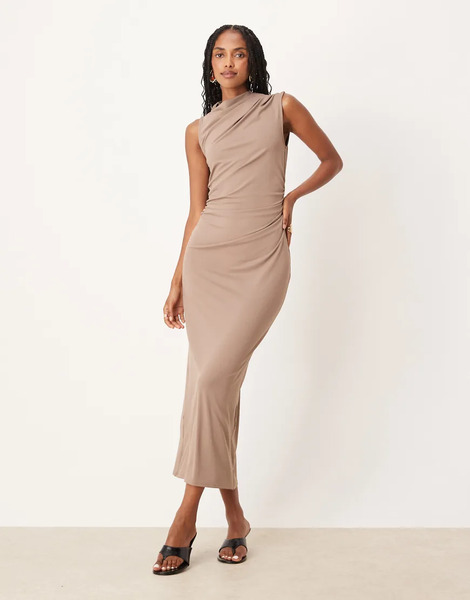  Asos Design Draped Sleeveless Maxi In Camel Brown 