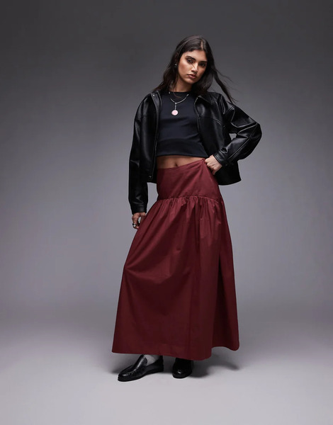  Asos Design Drop Waist Maxi Skirt In Cherry Red 
