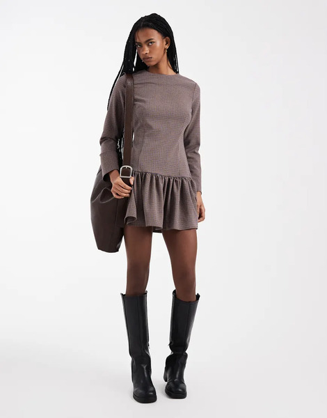  Asos Design Drop Waist Mini Dress In Micro Check Multi 