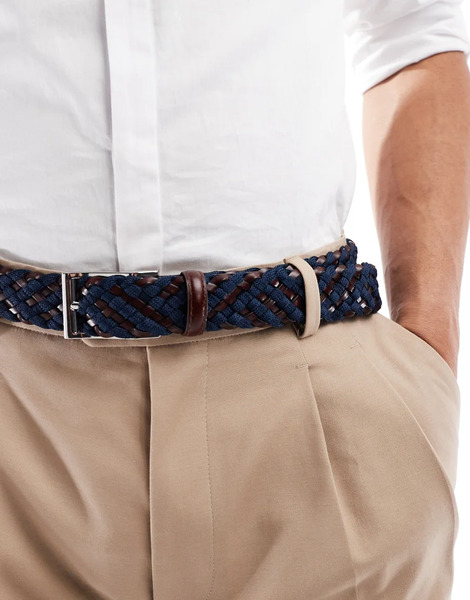  Asos Design Elasticated Woven Belt In Navy And Brown Faux Leather Fabric Mix Multi 