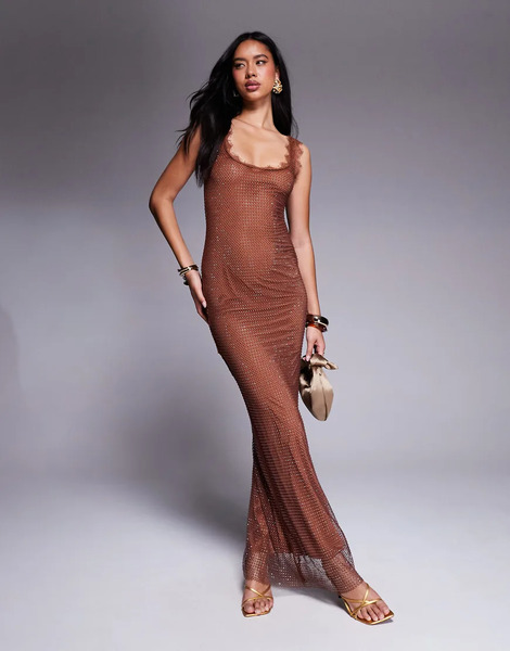  Asos Design Embellished Fishnet Hotfix Maxi Dress With Super Scoop Neck And Lace Trim In Chocolate Brown 