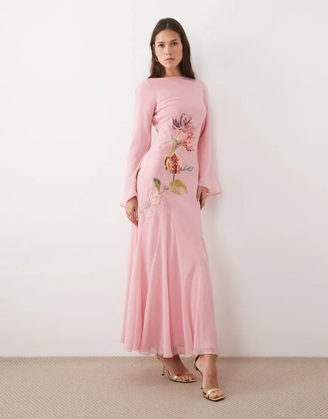  Asos Design Embroidery & Embellished Maxi Dress With Godets And Contrast Binding And Long Sleeves In Pink 