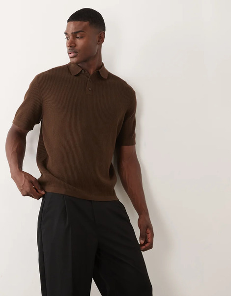  Asos Design Essential Oversized Fine Knit Polo In Brown 