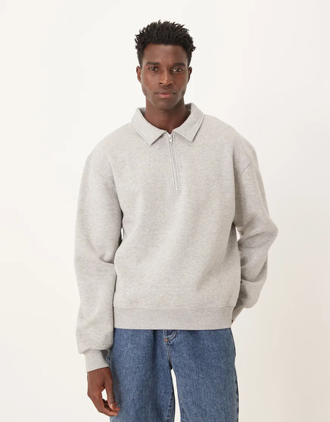  Asos Design Essentials Boxy Relaxed Quater Zip Collared Sweatshirt In Grey Marl 