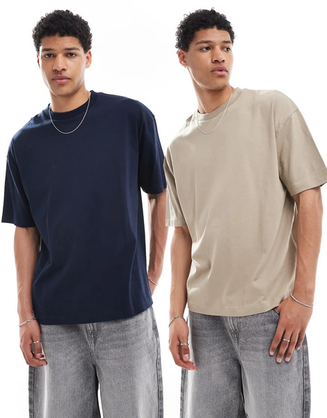  Asos Design Essentials 2 Pack Oversized T Shirts In Navy And Stone Multi 