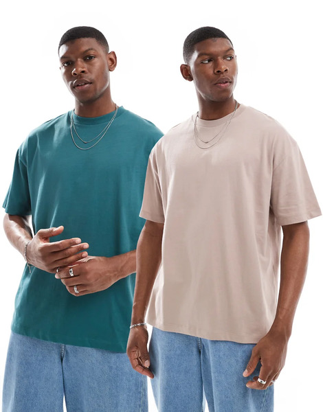  Asos Design Essentials 2 Pack Oversized T Shirts In Stone And Green Multi 