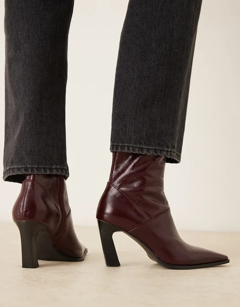  Asos Design Estella Leather Chisel Toe Ankle Boots In Burgundy Red 