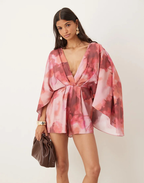  Asos Design Exaggerated Sleeve Plunge Playsuit In Soft Floral Print Multi 