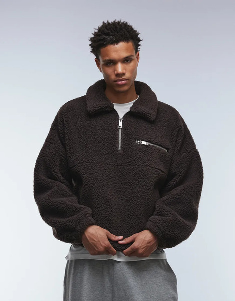  Asos Design Extreme Oversized Boxy Quarter Zip Borg Sweatshirt With Drop Shoulder And Collar In Brown 